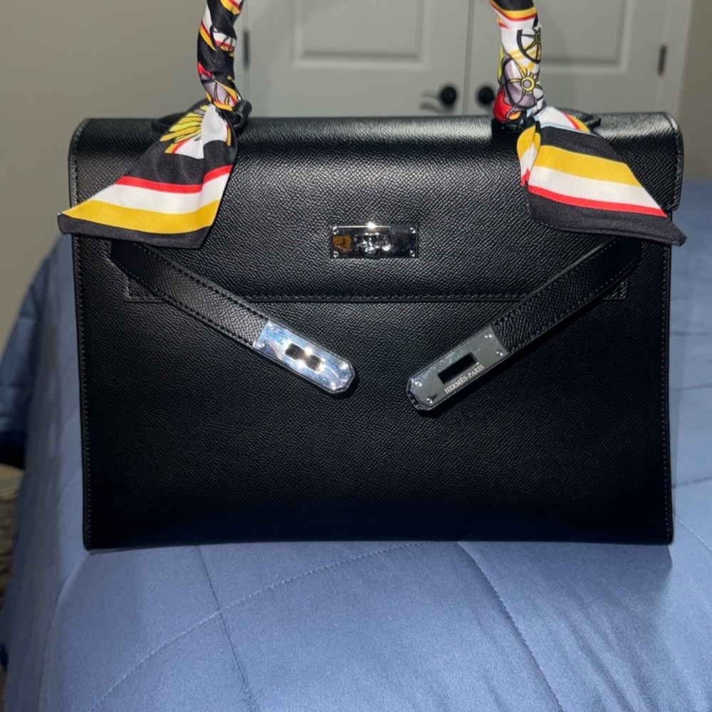 Black Structured Handbag with Colorful Scarf Accents - Picture 10 of 13